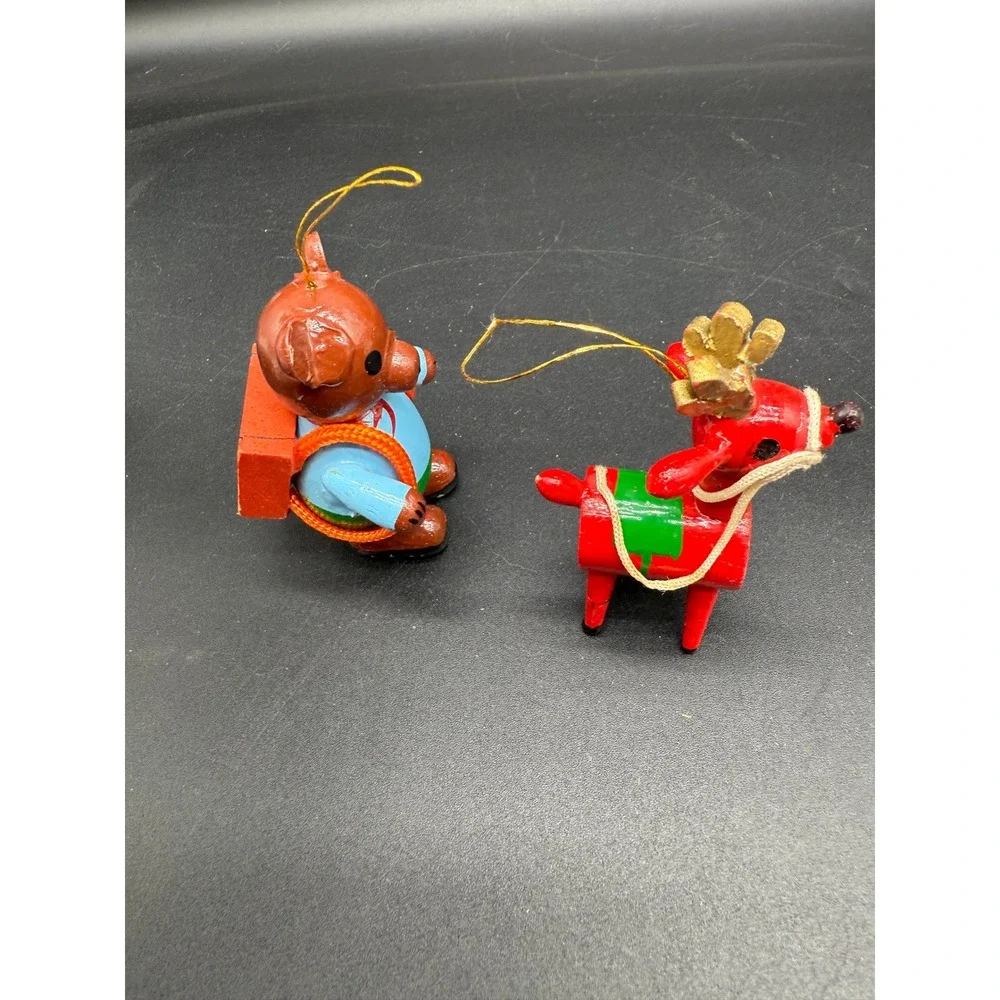 1980 R Dakin Wood Christmas Ornaments Bear‎ and Red Reindeer Pair San Francisco